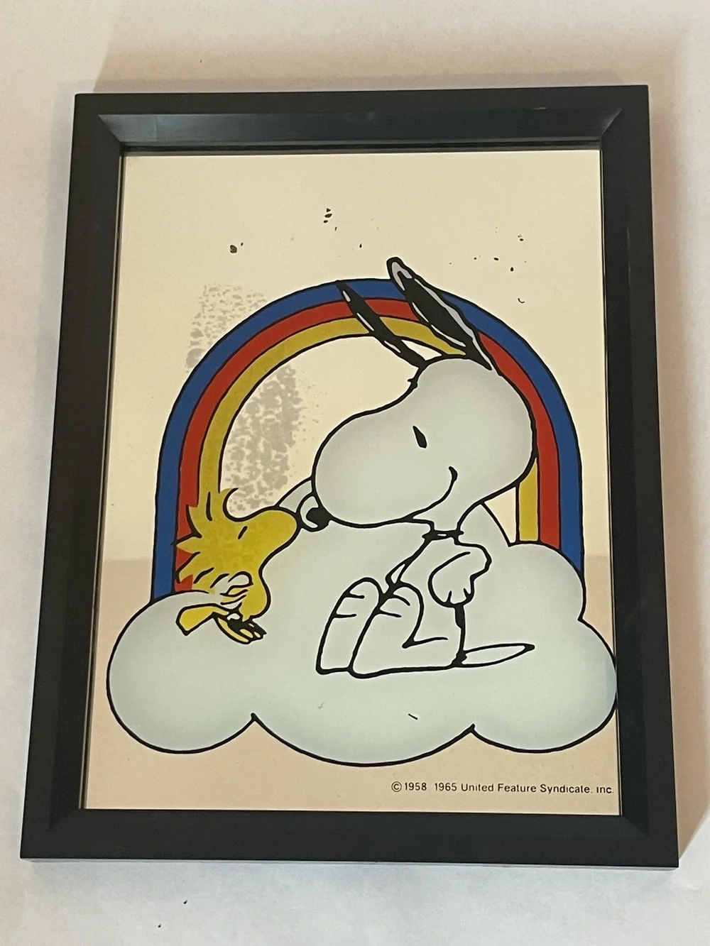 Vintage 1965 Snoopy & Woodstock Kissing Cloud Rainbow Mirror Framed